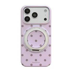 Coque iPhone rose à pois vintage avec support à bague magnétique intégrée et élégante