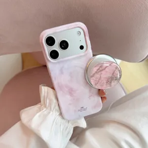 Κομψή θήκη iPhone με ροζ μάρμαρο και αντίστοιχη μαγνητική κυκλική βάση τηλεφώνου