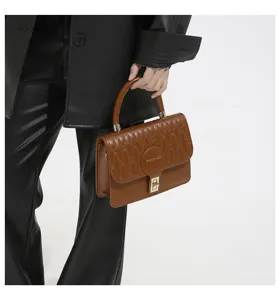 Modelo sosteniendo un elegante bolso bandolera cuadrado bordado marrón en un estudio