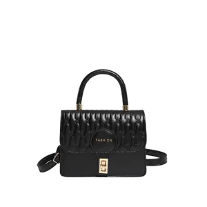 Bolso bandolera acolchado negro elegante para mujer con asa superior y detalles dorados