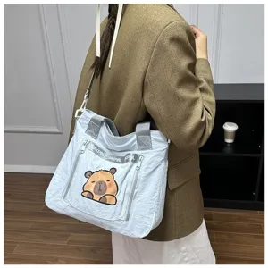 Cute cartoon capybara print large capacity nylon shoulder bag for school and daily use
