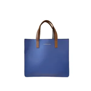 Bolso tote azul grande para mujer, maletín para diario con asas marrones, elegante