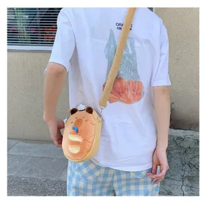 Cute Capybara plush crossbody bag for kids, lovely bread shaped soft shoulder pouch