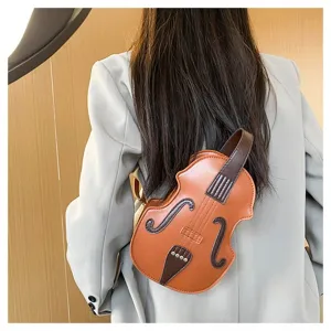 Stylish violin-shaped mini backpack shown as a crossbody bag on a model's back.