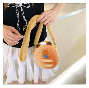 Close-up of a cute Capybara plush crossbody bag worn by a student in a casual setting