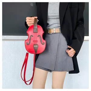 Stylish and unique violin-shaped red leather crossbody bag with artistic design details