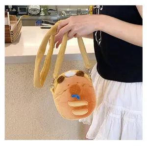 Close-up of a cute plush Capybara crossbody bag featuring a soft and furry texture.