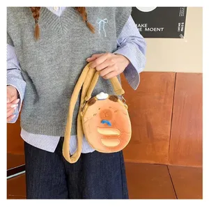 Cute plush Capybara bread-shaped crossbody bag worn by a student in a casual outfit