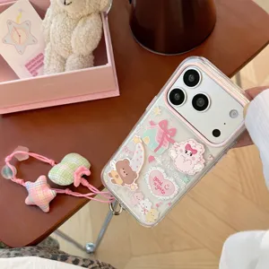 Detail view of cartoon clear iPhone case with cute 3D bear and rabbit stickers