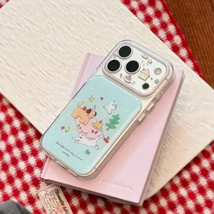 Close-up detail of cute cartoon dog and cat picnic design on drip glue iPhone case