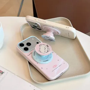 Vue détaillée de l'illustration de chat mignon sur coque iPhone avec support de téléphone