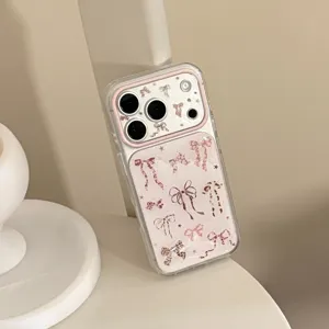 Clear protective iPhone phone case decorated with pink leopard print bows and cute stars