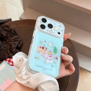Detail view of cartoon cat and dog picnic design on light blue soft iPhone case