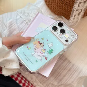 Close-up of cute cartoon cat and dog picnic illustration on a light blue iPhone case