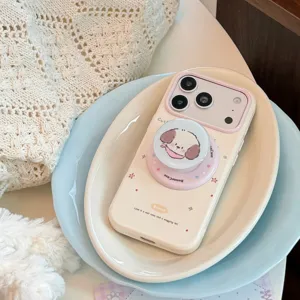 Coque iPhone 16 crème motif chiot dessin animé avec support magnétique assorti chic