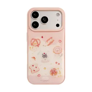 Coque de téléphone rose mignonne avec des illustrations de chatons et pain aux fraises