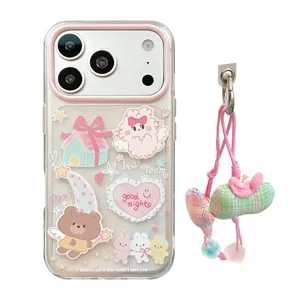 Cute cartoon bear and rabbit transparent iPhone case with fabric charm accessory