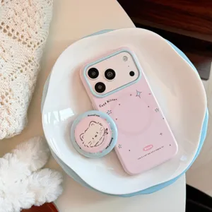 Vue détaillée de la coque mignonne chaton avec support magnétique pop-socket assorti