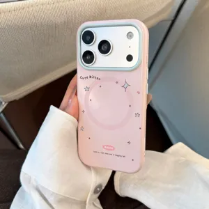 Gros plan sur une coque iPhone rose avec un motif de dessin animé mignon de chaton