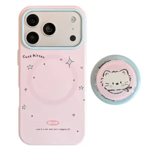 Coque de téléphone magnétique mignonne chaton rose avec support assorti pour iPhone