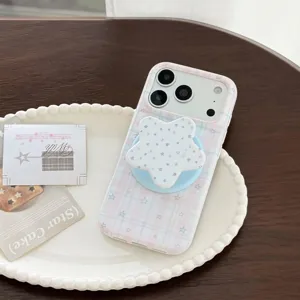 Niedliche rosa karierte iPhone-Schutzhülle mit Sternenmuster und sternförmigem Halter