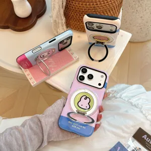 Vue macro détaillée du support à anneau magnétique sur une jolie coque iPhone animale