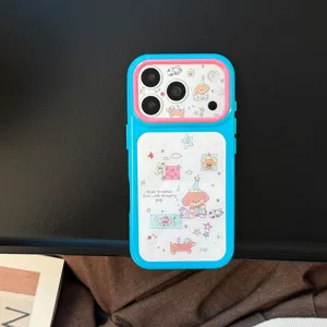 Détail de la coque iPhone avec illustration de teckel mignon et bordure contrastée bleu et rose.