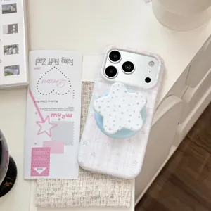 Rosa und blau karierte iPhone-Hülle mit süßem sternförmigem Handygriff-Ständer