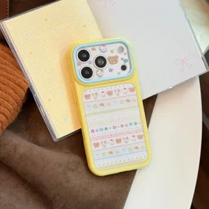 Detailed view of a yellow iPhone case featuring cute animal illustrations and camera protection