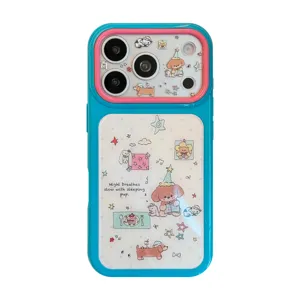 Coque iPhone teckel mignon avec cadre bleu contrasté et motifs d'étoiles en acrylique