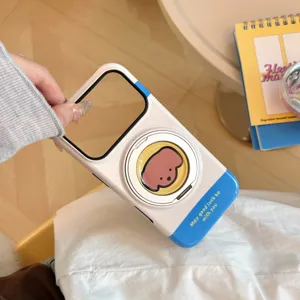 Coque iPhone mignonne color-block avec support magnétique chien et détail miroir