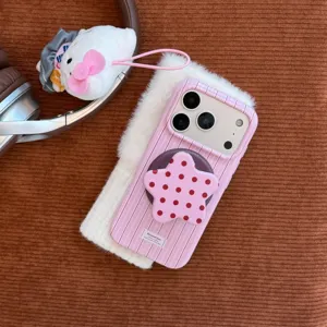 Ροζ ριγέ θήκη iPhone με μαγνητική βάση αστεριού με πουά και απαλή βελούδινη επένδυση