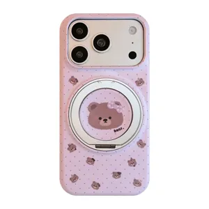 Coque iPhone rose mignonne avec motif d'ours et support à anneau rotatif magnétique à 360°