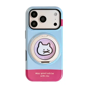 Coque MagSafe bicolore mignonne avec support chat pour modèles iPhone 15 16 Pro Max