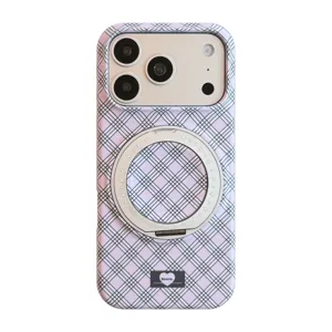 Coque magnétique à carreaux lavande pour iPhone avec support d'anneau rotatif à 360°