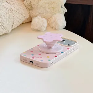 Coque de téléphone rose à pois avec support et poignée pliante en forme d'étoile
