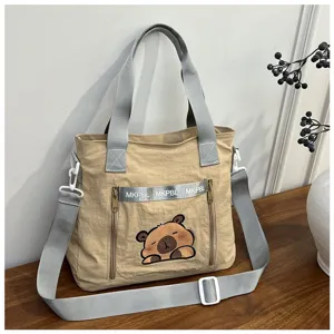 Japanese style tote bag with cute capybara print and large capacity for students