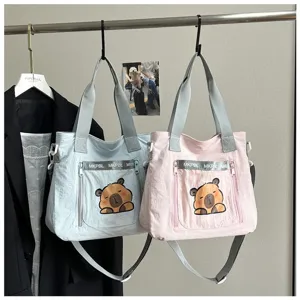 Cute cartoon capybara tote bag large capacity student shoulder bag for girls