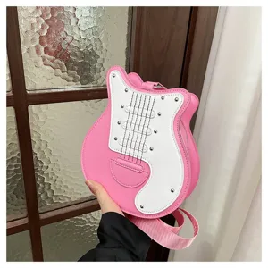 Unique pink and white guitar-shaped crossbody bag with a trendy niche design for women