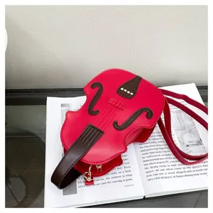 Unique red violin shaped crossbody bag and backpack with creative design details