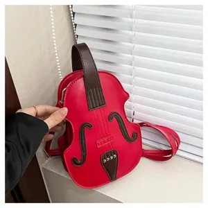 Detailed view of the unique violin shaped crossbody bag in vibrant red PU leather