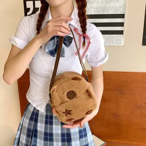 Petit sac à bandoulière en peluche capybara marron pour femme style écolière mignonne