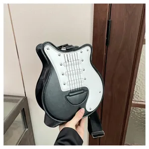Unique guitar-shaped crossbody bag featuring classic black and white contrast design
