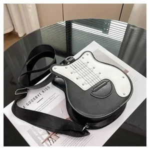 Unique guitar-shaped crossbody bag with adjustable wide strap and monochrome design.