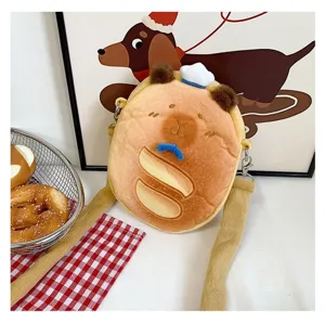 Detailed view of a cute capybara plush crossbody bag with soft faux fur texture