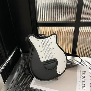 Creative guitar-shaped crossbody bag in black and white minimalist design