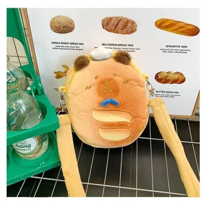 Detail showing cute capybara plush crossbody bag with a creative bread-shaped design