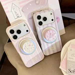 Coque de Téléphone Magnétique Étoile en Nacre Compatible Avec iPhone 16 15 14 13 Pro Max Étui Souple à Rayures Dorées Avec Support Magnétique