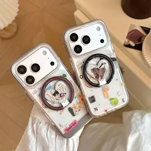 Coque de Téléphone Magnétique Style Collage Coréen avec Support Chat Coeur Mignonne Coque de Protection en TPU Transparent Antichoc