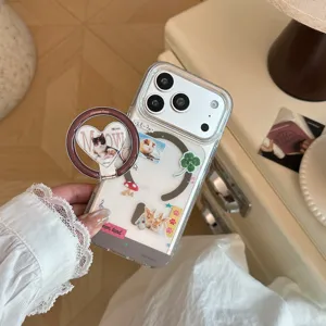 Vue détaillée d'une coque iPhone style collage avec support magnétique chat et lapin.